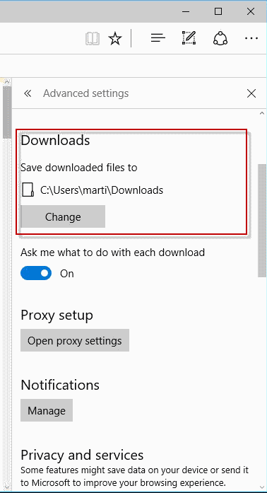 Cara mengubah folder download IE dan Edge