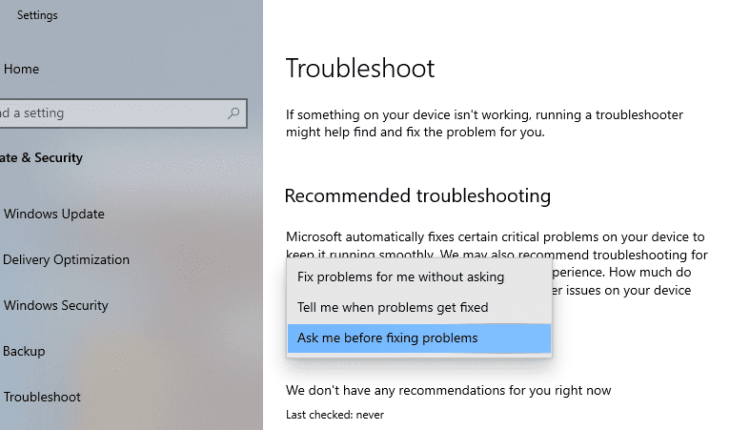 Cara Setting Recommended Troubleshooting pada Windows 10